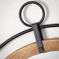 Wood and Black Metal Modern Round Wall Mirror