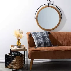 Wood and Black Metal Modern Round Wall Mirror