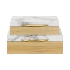 Wood and Faux Marble Rectangular Boxes, Set of 2