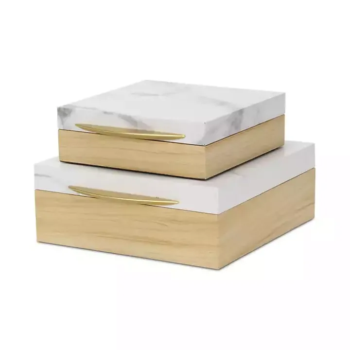 Wood and Faux Marble Square Boxes, Set of 2