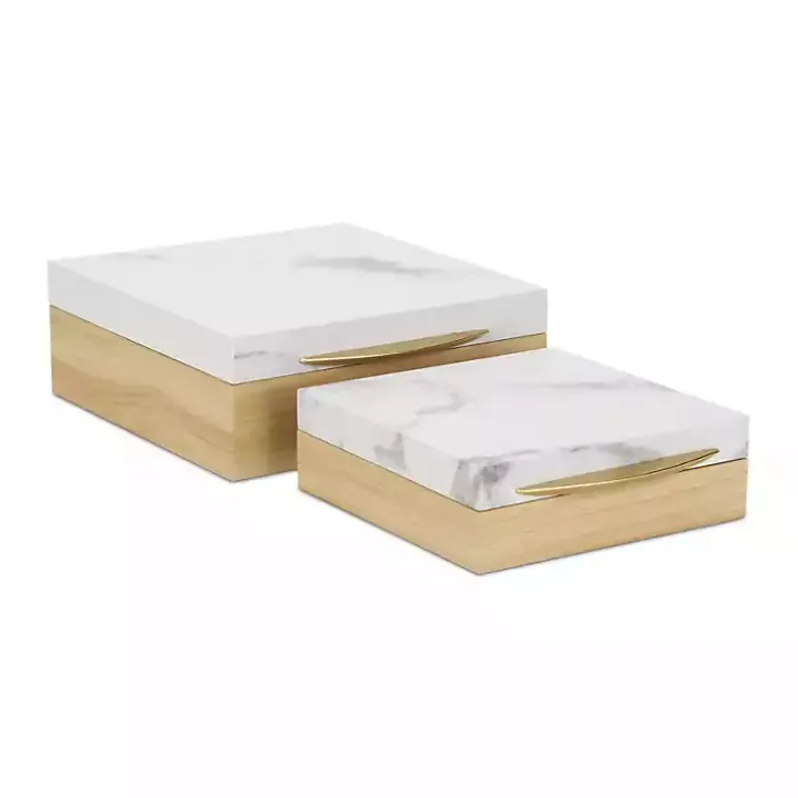 Wood and Faux Marble Square Boxes, Set of 2