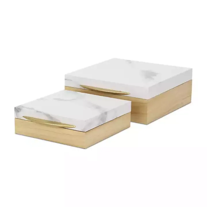 Wood and Faux Marble Square Boxes, Set of 2
