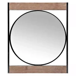 Wood and Metal Framed Round Industrial Mirror