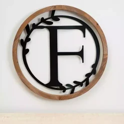 Wood and Metal Laurel Monogram F Plaque