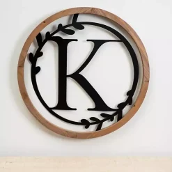 Wood and Metal Laurel Monogram K Plaque