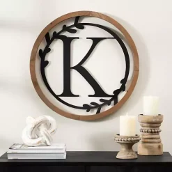 Wood and Metal Laurel Monogram K Plaque