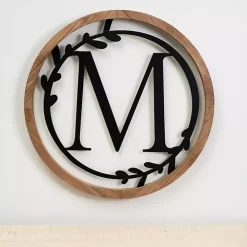 Wood and Metal Laurel Monogram M Plaque