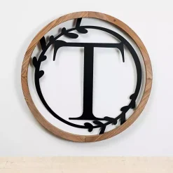 Wood and Metal Laurel Monogram T Plaque