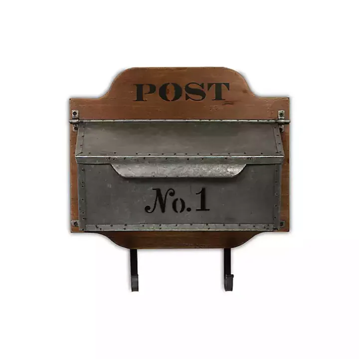 Wood and Metal Wall Storage Mail Box with Hooks
