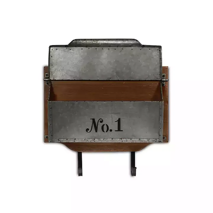 Wood and Metal Wall Storage Mail Box with Hooks