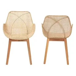Wood and Rattan Flared Dining Chairs, Set of 2