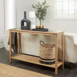 Wood Glass Top Console Table with Rattan Shelf
