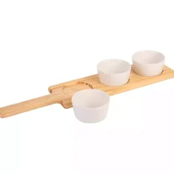 Wood Serving Tray with White Ceramic Bowls