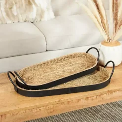 Woven Jute and Black Wood Trays, Set of 2