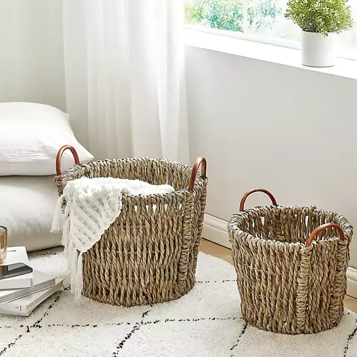 Woven Seagrass and Rattan Baskets, Set of 2