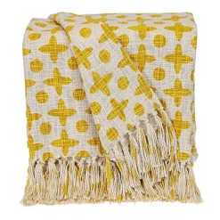 Yellow and Beige Patterned Fringe Throw