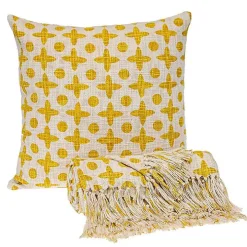 Yellow and Beige Patterned Fringe Throw