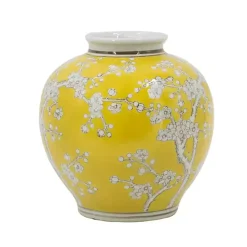 Yellow Plum Blossoms Round Porcelain Vase, 9.1 in.
