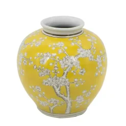 Yellow Plum Blossoms Round Porcelain Vase, 9.1 in.