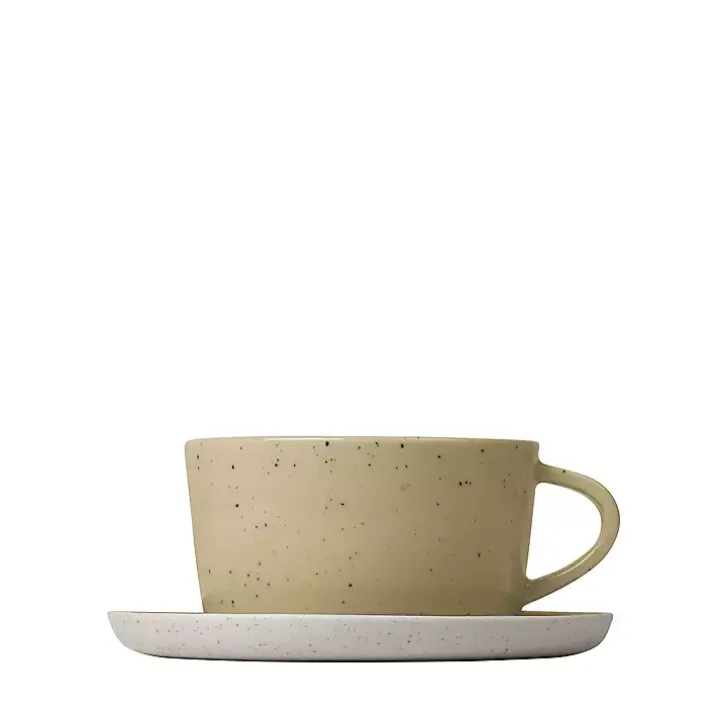 Yellow Speckled Ceramic Mugs and Saucers, Set of 2