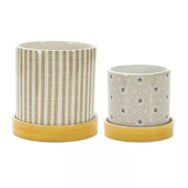 Yellow Striped and Bee Decorative Pots, Set of 2