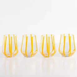 Yellow Striped Stemless Wine Glasses, Set of 4